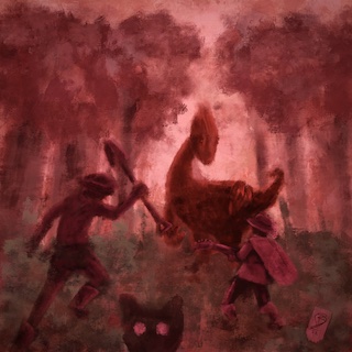 <p><strong>A digital painting</strong> in a red palette. In a forest clearing, the giant blood raptor lands. The bard’s fingers leap to the strings. A soothing song will calm this wild beast! The pirate charges in with his shovel held high. He’ll save her! Bards are too squishy to be on the front line like this. Meanwhile, the cat pokes his head up at the very bottom of the frame, looking out toward the viewer. He’d prefer not to be in this painting at all.</p>
