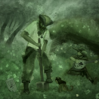 <p><strong>A pirate digs</strong> in the garden while the cat watches intently. The bard sits off to the side, watching and playing some tunes. In the background, a shack leans dangerously to the side, soon to collapse. The roof has been overtaken by kudzu. Farther away, there are crooked trees reaching for the light.</p>
