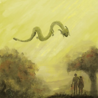 <p><strong>A foggy morning.</strong> Sunbeams slant down from above. There’s a dragon in the sky above a valley, looking down on two people and a cat in the foreground, who have their backs turned to us and are looking up at the dragon.</p>
