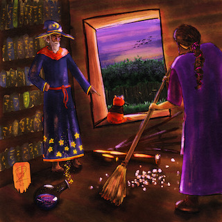 <p><strong>A wizard with stars</strong> on his robe and moons on his hat is standing in front of a bookshelf. He’s pointing at an orange cat with a little cape on, who has his back turned and is staring out the window at some birds. The sun is setting over a distant forest. A telescope has fallen over, and there’s glass everywhere. In the foreground, a woman with a braid and a purple cape is sweeping up the mess with a long-handled broom.</p>
