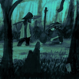 <p>Two people trudge through the swamp. The man in front looks back at the woman behind. She’s holding her melarne above the waterline. In her oversized backpack a cat with a hood looks on placidly.</p>
